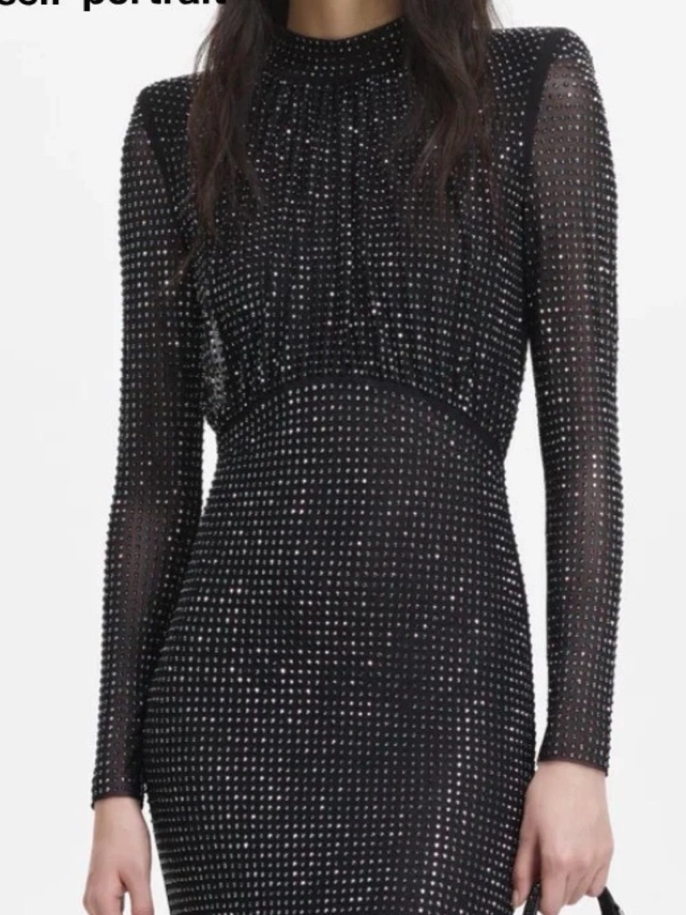 Self-Portrait Black Long-Sleeve Rhinestone Sheath Mini Dress